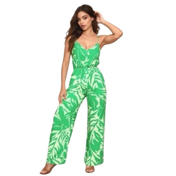 LILLY PULITZER Palm Boom Boom Jumpsuit green white palm leaf high waist medium - Picture 1 of 5